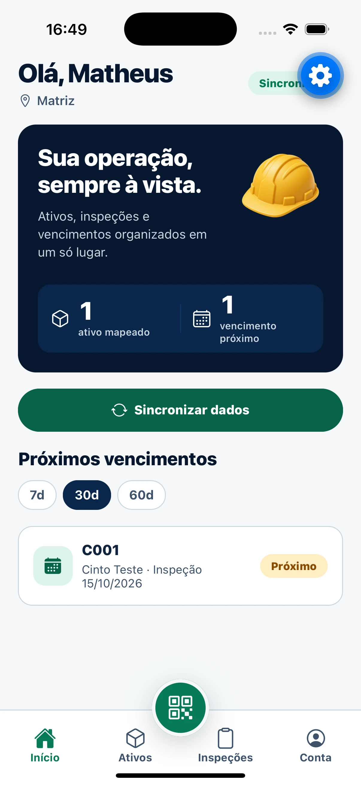 Tela inicial do aplicativo NexaSST com ativos mapeados, vencimentos e sincronização de dados